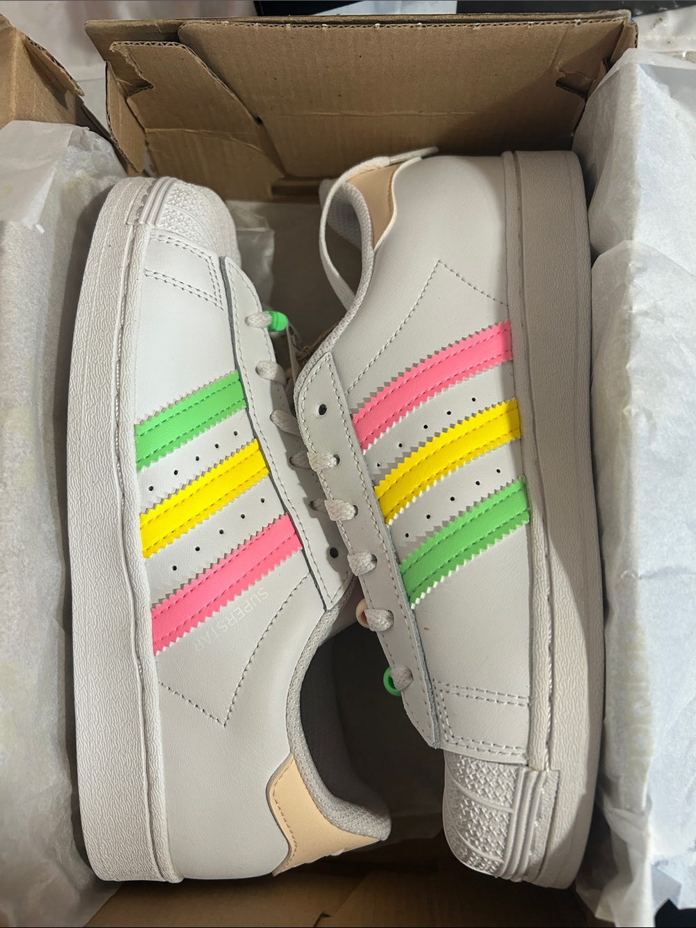 adidas White Sneakers with Pink, Yellow & Green Stripes